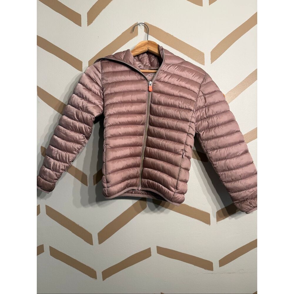 Save the Duck Misty Rose Iris Shiny Quilted Zip Up Hooded Puffer Jacket Size 10